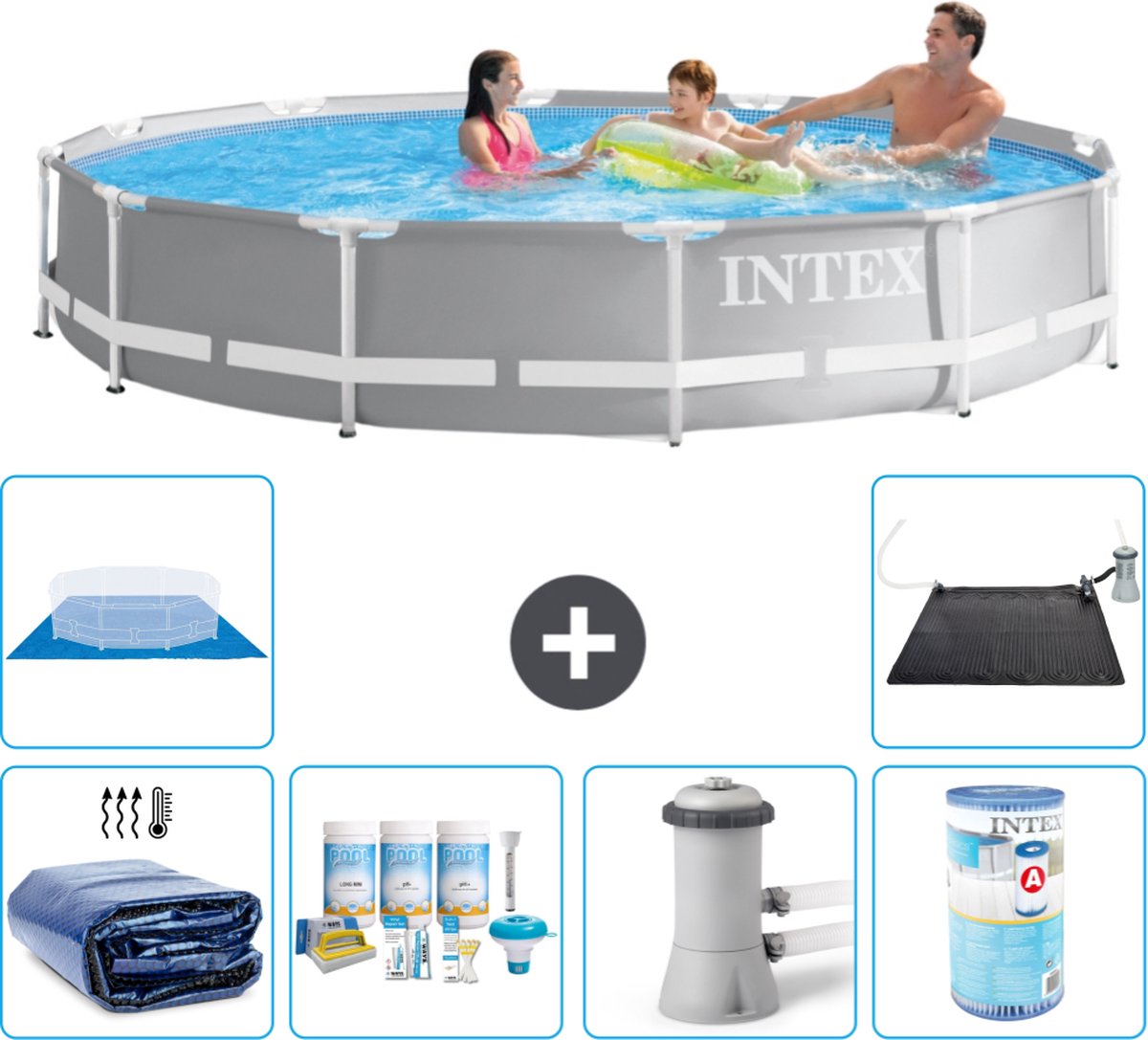 Intex Rond Prism Frame Zwembad - 366 x 76 cm - Grijs - Inclusief Solarzeil - Onderhoudspakket - Zwembadfilterpomp - Filter - Grondzeil - Solar Mat