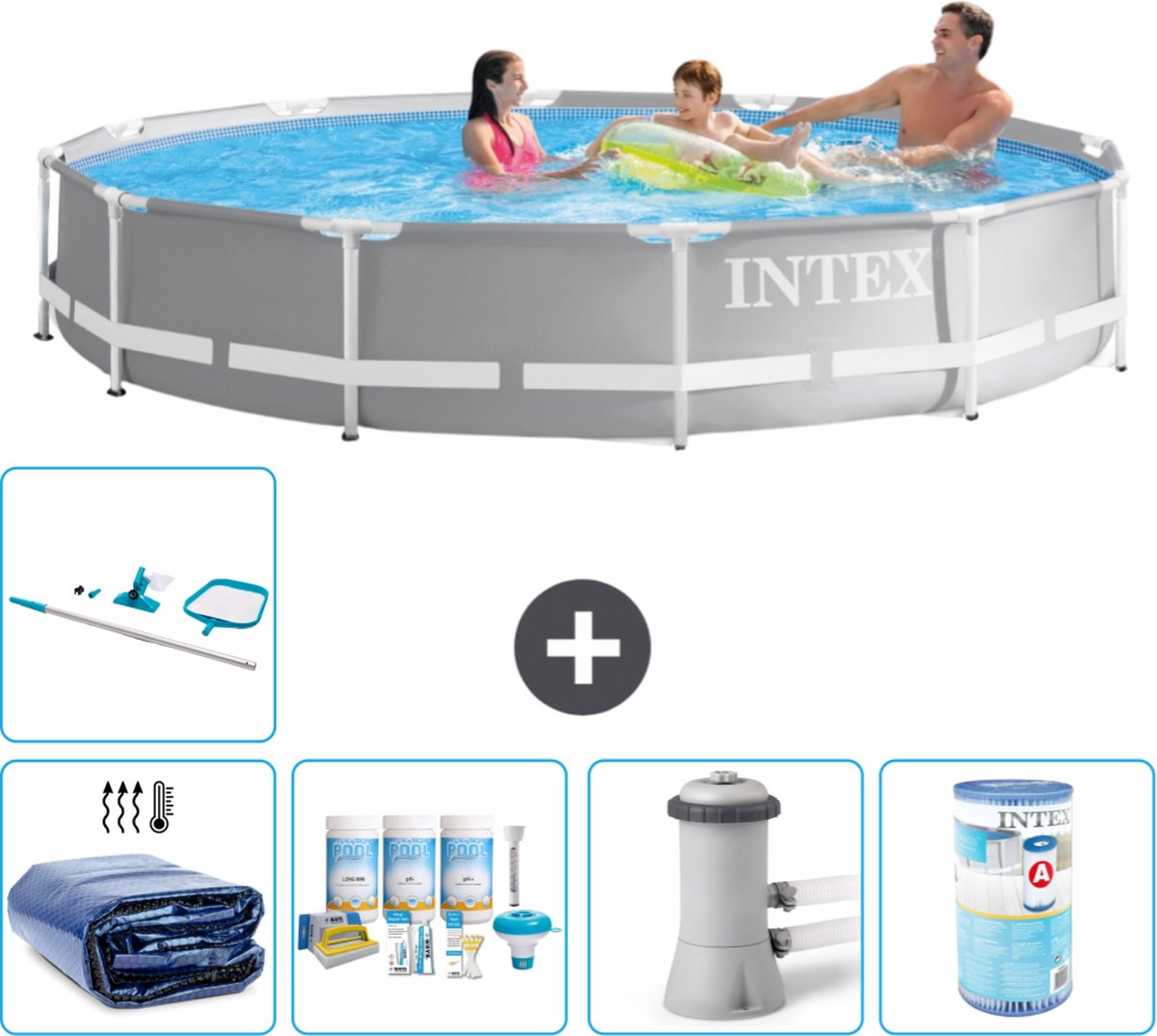 Intex Rond Prism Frame Zwembad - 366 x 76 cm - Grijs - Inclusief Solarzeil - Onderhoudspakket - Zwembadfilterpomp - Filter - Schoonmaakset