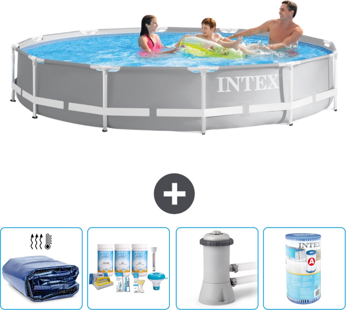Intex Rond Prism Frame Zwembad - 366 x 76 cm - Grijs - Inclusief Solarzeil - Onderhoudspakket - Zwembadfilterpomp - Filter