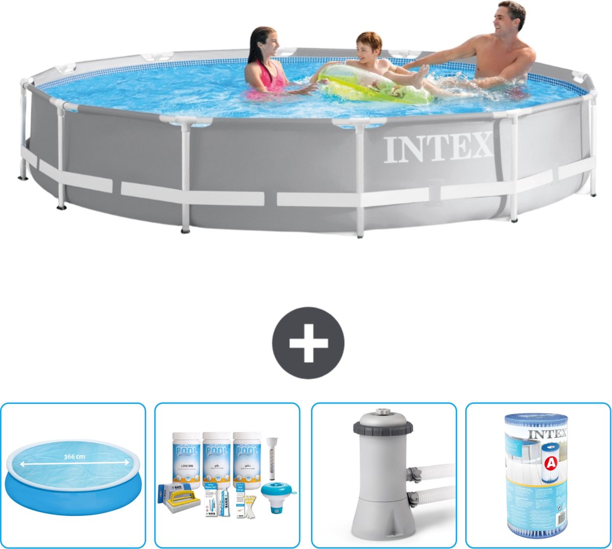 Intex Rond Prism Frame Zwembad - 366 x 76 cm - Grijs - Inclusief Solarzeil - Onderhoudspakket - Zwembadfilterpomp - Filter