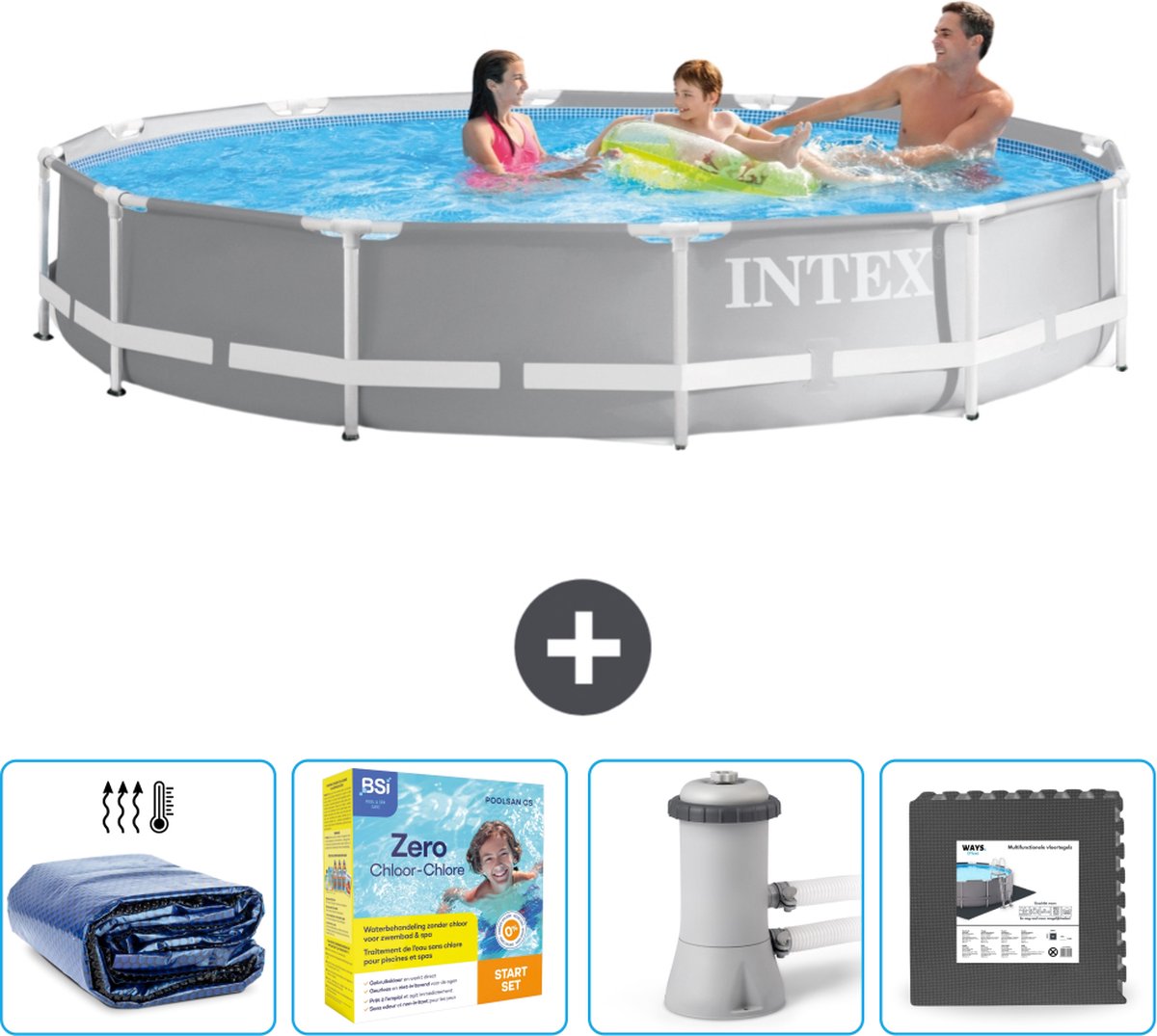 Intex Rond Prism Frame Zwembad - 366 x 76 cm - Grijs - Inclusief Solarzeil - Onderhoudspakket - Zwembadfilterpomp - Vloertegels