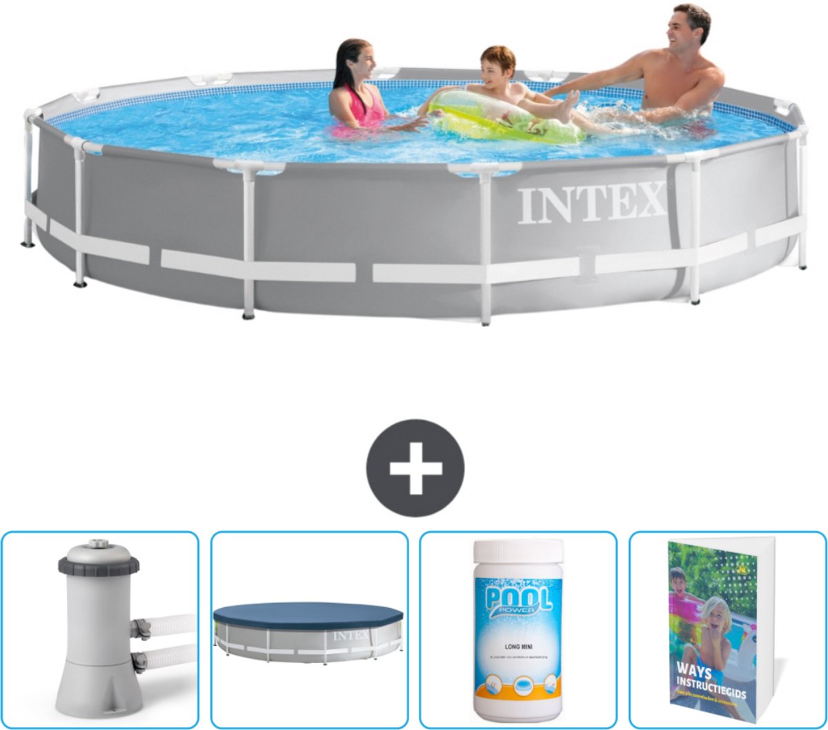 Intex Rond Prism Frame Zwembad - 366 x 76 cm - Grijs - Inclusief Zwembadfilterpomp - Afdekzeil - Chloor - Zwembadgids