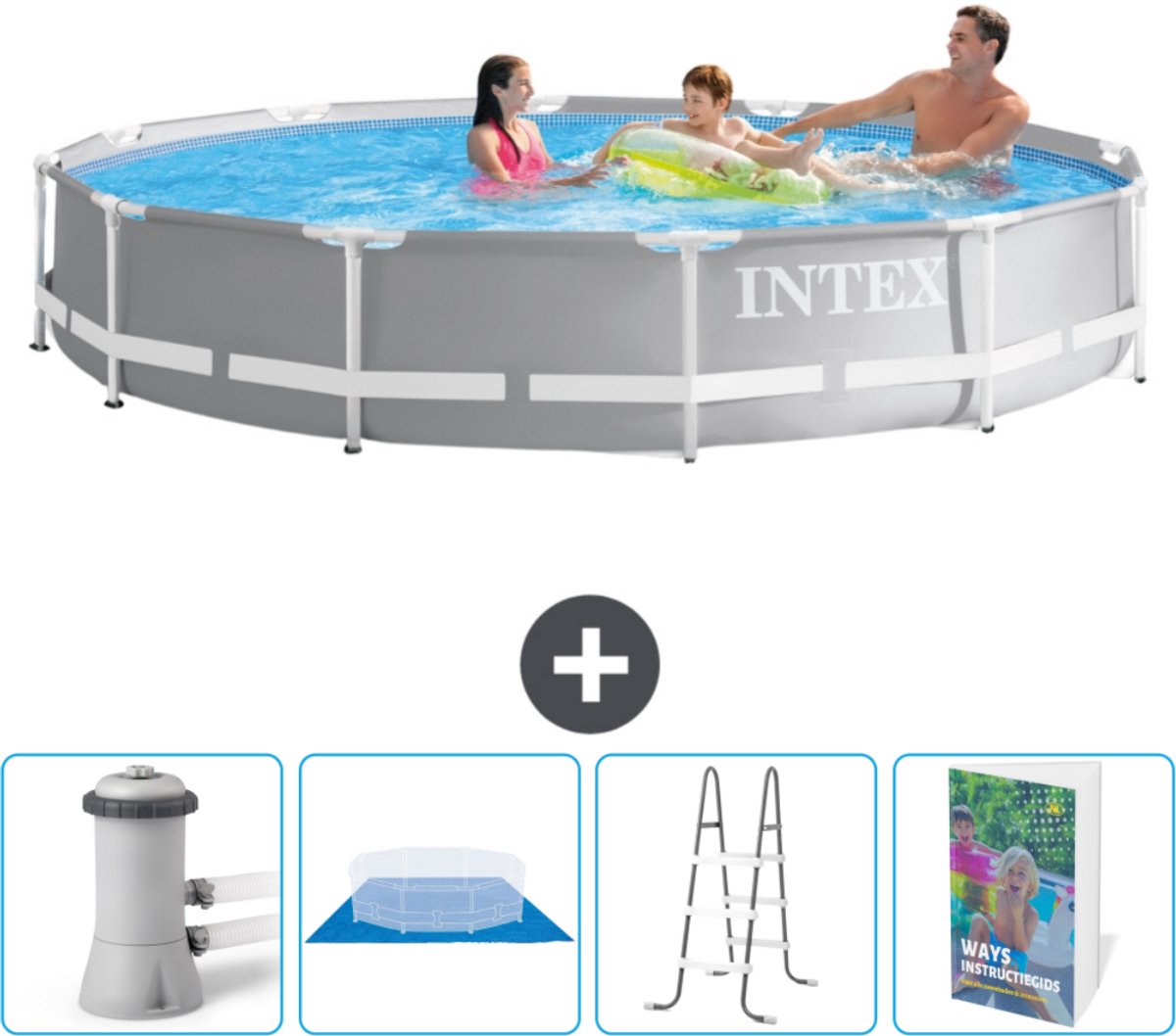 Intex Rond Prism Frame Zwembad - 366 x 76 cm - Grijs - Inclusief Zwembadfilterpomp - Grondzeil - Ladder - Zwembadgids