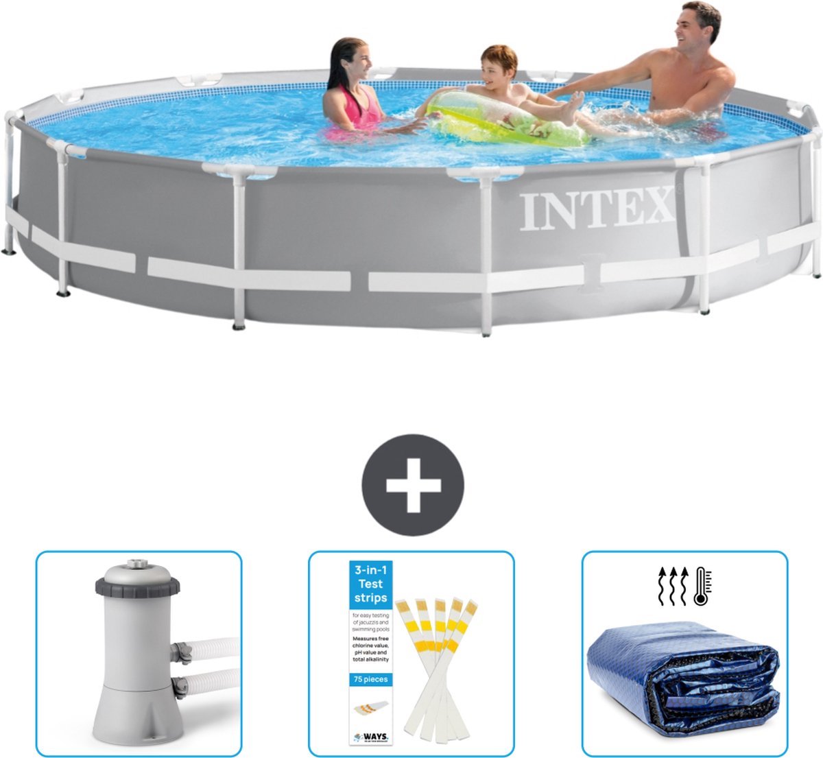Intex Rond Prism Frame Zwembad - 366 x 76 cm - Grijs - Inclusief Zwembadfilterpomp - Testrips - Solarzeil