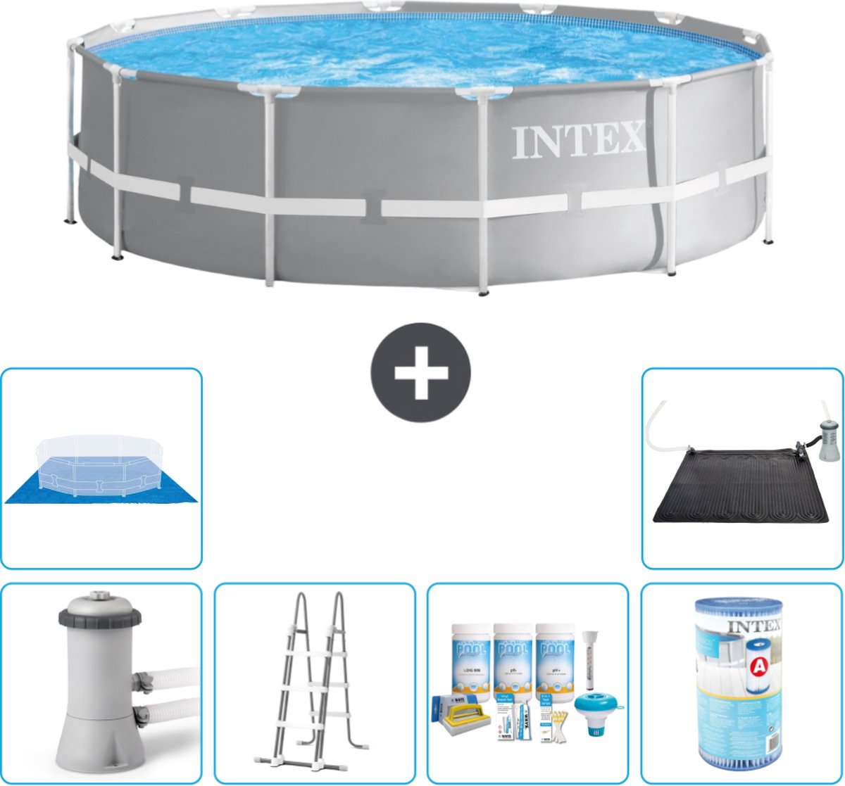 Intex Rond Prism Frame Zwembad - 366 x 99 cm - Grijs - Inclusief Pomp - Ladder Onderhoudspakket - Filter - Grondzeil - Solar Mat