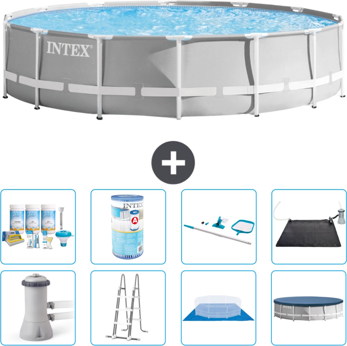 Intex Rond Prism Frame Zwembad - 427 x 107 cm - Grijs - Inclusief Pomp - Ladder - Grondzeil - Afdekzeil Onderhoudspakket - Filter - Schoonmaakset - Solar Mat
