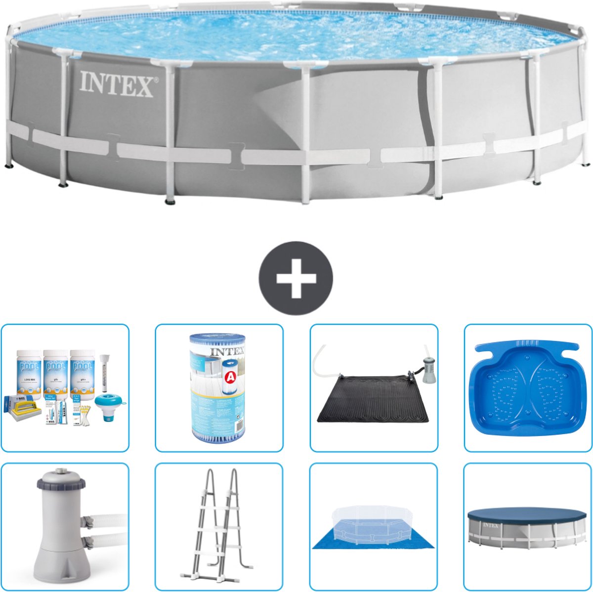 Intex Rond Prism Frame Zwembad - 427 x 107 cm - Grijs - Inclusief Pomp - Ladder - Grondzeil - Afdekzeil Onderhoudspakket - Filter - Solar Mat - Voetenbad