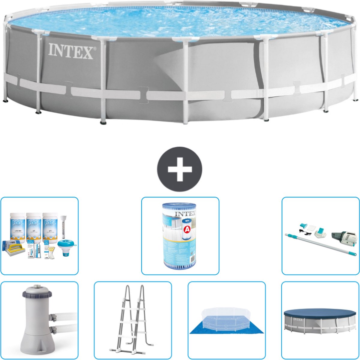 Intex Rond Prism Frame Zwembad - 427 x 107 cm - Grijs - Inclusief Pomp - Ladder - Grondzeil - Afdekzeil Onderhoudspakket - Filter - Stofzuiger