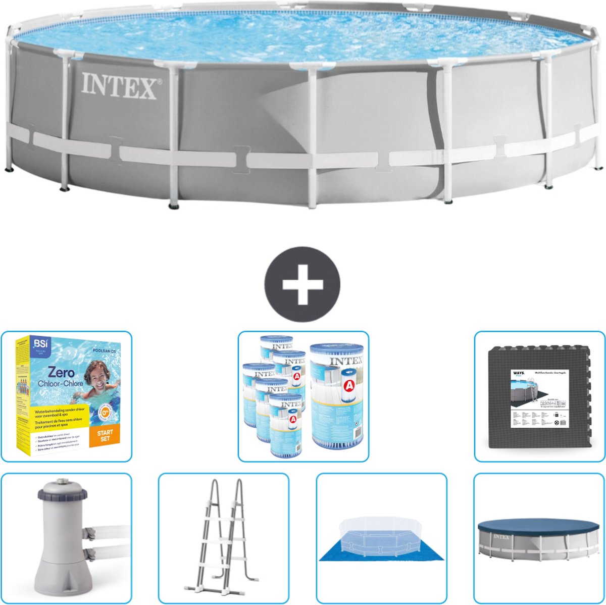 Intex Rond Prism Frame Zwembad - 427 x 107 cm - Grijs - Inclusief Pomp - Ladder - Grondzeil - Afdekzeil Onderhoudspakket - Filters - Vloertegels