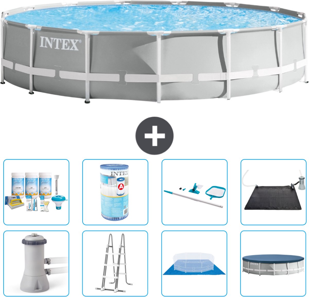 Intex Rond Prism Frame Zwembad - 457 x 107 cm - Grijs - Inclusief Pomp - Ladder - Grondzeil - Afdekzeil Onderhoudspakket - Filter - Schoonmaakset - Solar Mat