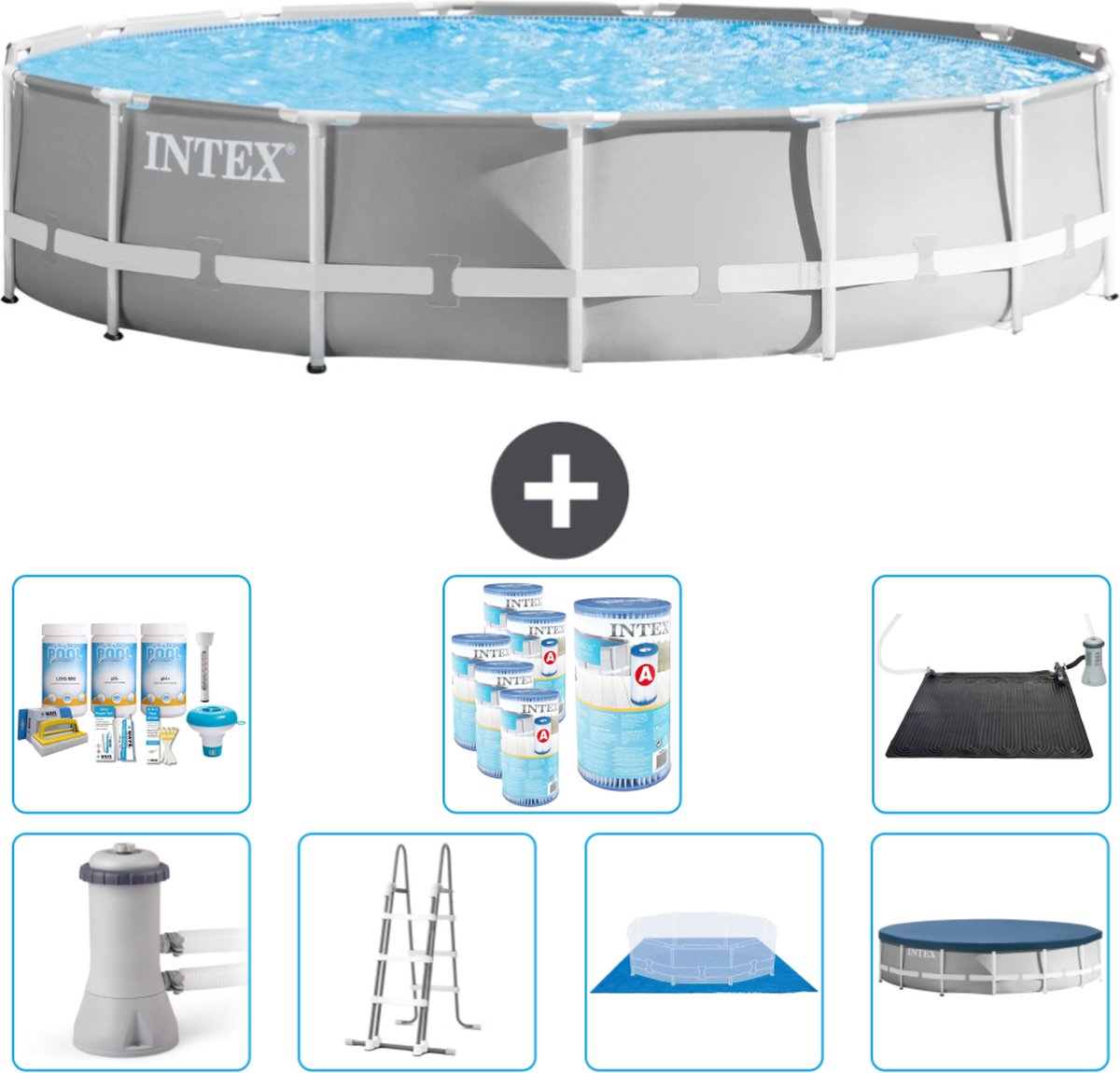Intex Rond Prism Frame Zwembad - 457 x 107 cm - Grijs - Inclusief Pomp - Ladder - Grondzeil - Afdekzeil Onderhoudspakket - Filters - Solar Mat