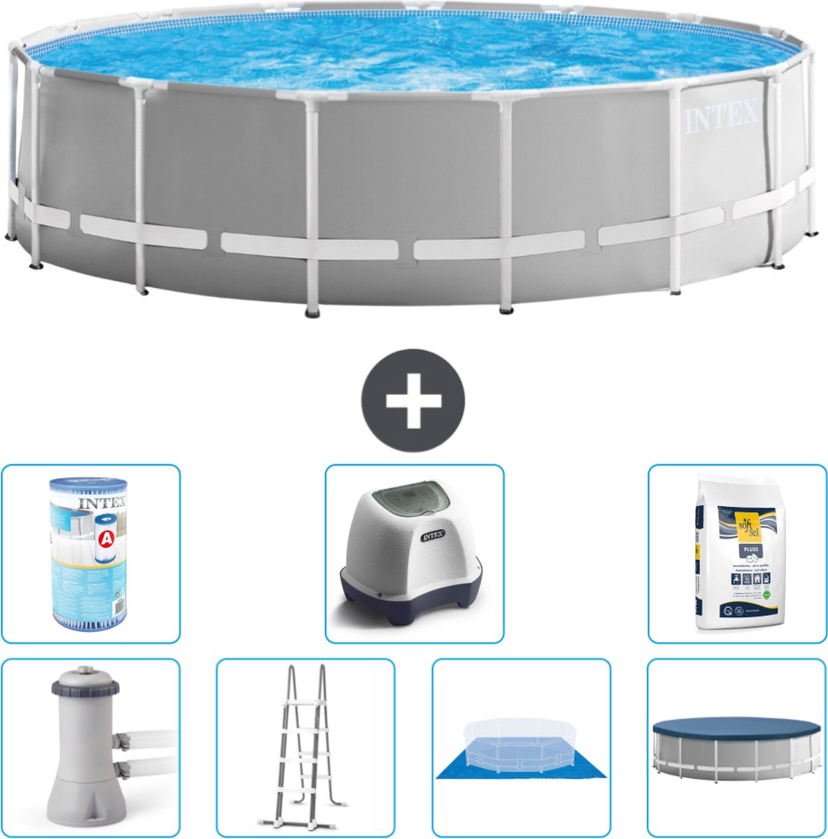 Intex Rond Prism Frame Zwembad - 457 x 122 cm - Grijs - Inclusief Pomp - Ladder - Grondzeil - Afdekzeil Filter - Zoutwatersysteem - Zwembadzout