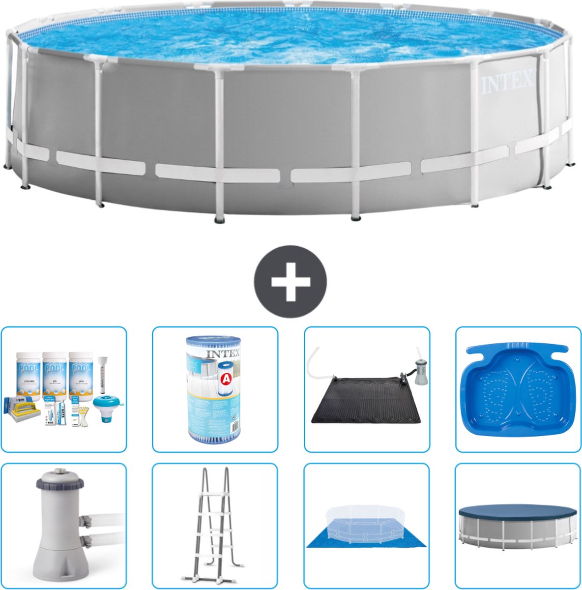 Intex Rond Prism Frame Zwembad - 457 x 122 cm - Grijs - Inclusief Pomp - Ladder - Grondzeil - Afdekzeil Onderhoudspakket - Filter - Solar Mat - Voetenbad