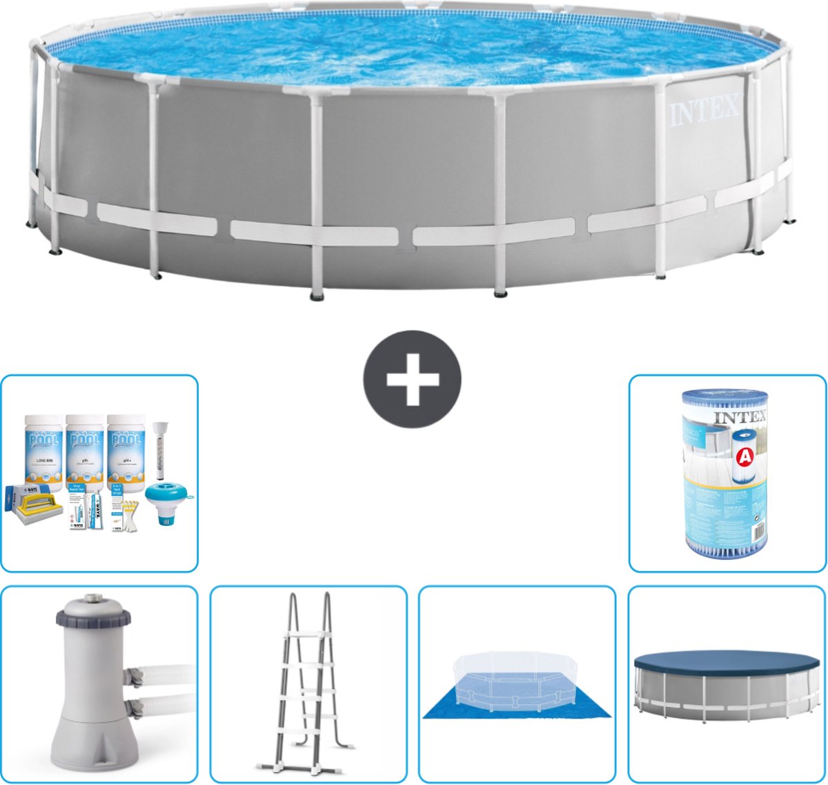 Intex Rond Prism Frame Zwembad - 457 x 122 cm - Grijs - Inclusief Pomp - Ladder - Grondzeil - Afdekzeil Onderhoudspakket - Filter