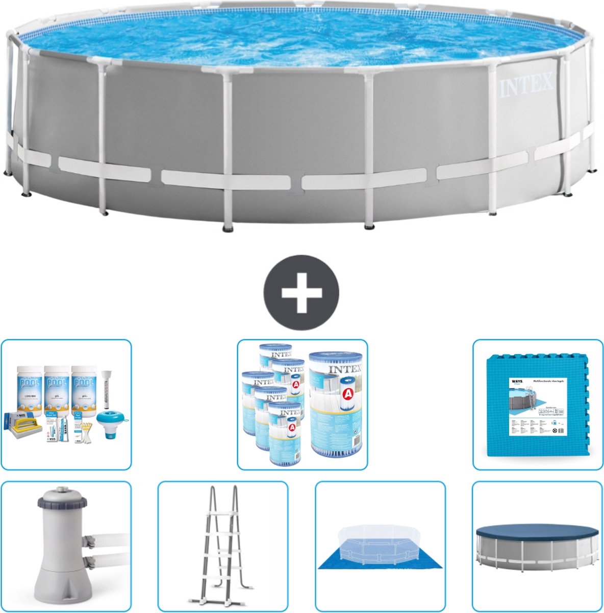 Intex Rond Prism Frame Zwembad - 457 x 122 cm - Grijs - Inclusief Pomp - Ladder - Grondzeil - Afdekzeil Onderhoudspakket - Filters - Vloertegels