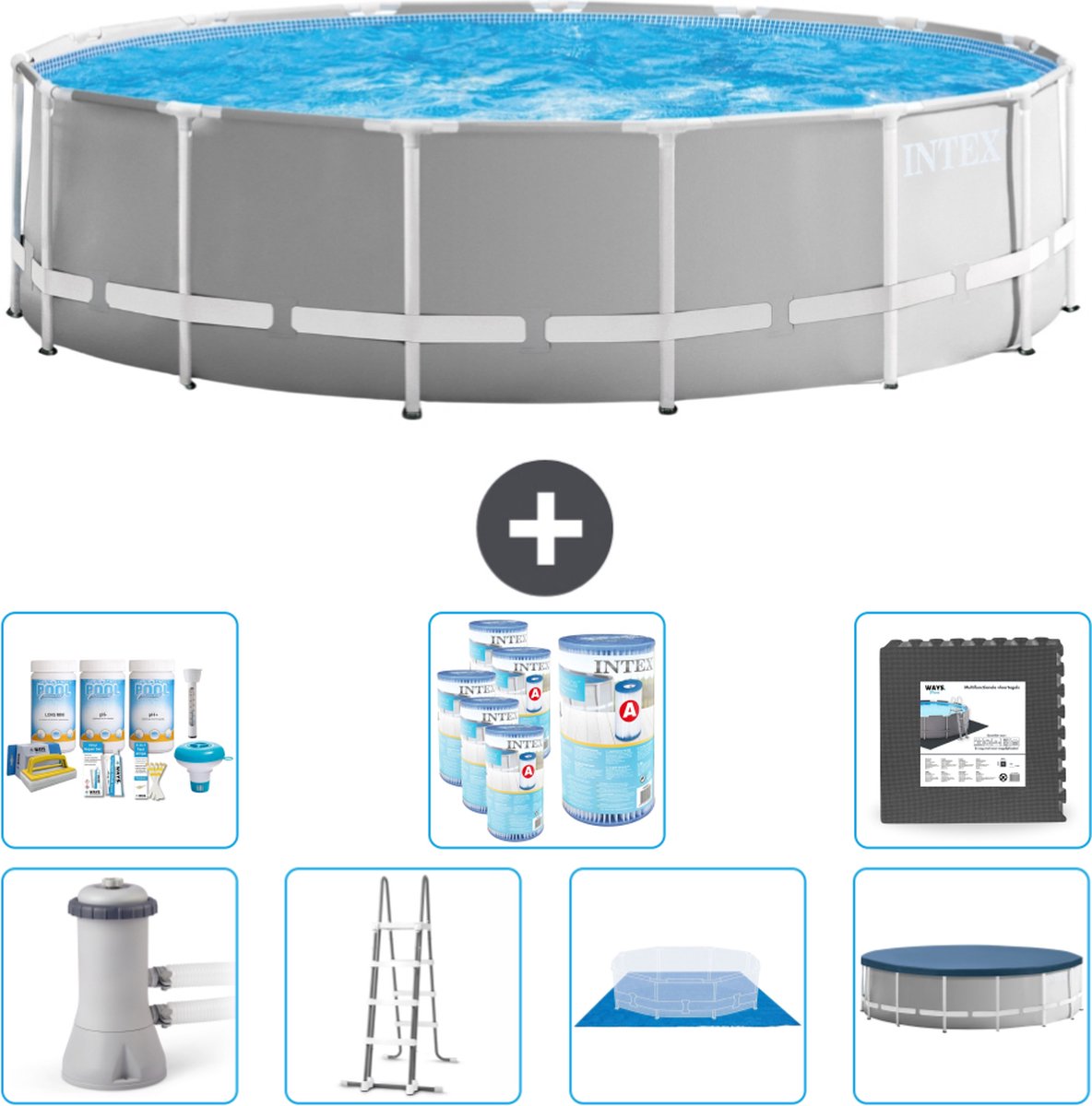 Intex Rond Prism Frame Zwembad - 457 x 122 cm - Grijs - Inclusief Pomp - Ladder - Grondzeil - Afdekzeil Onderhoudspakket - Filters - Vloertegels