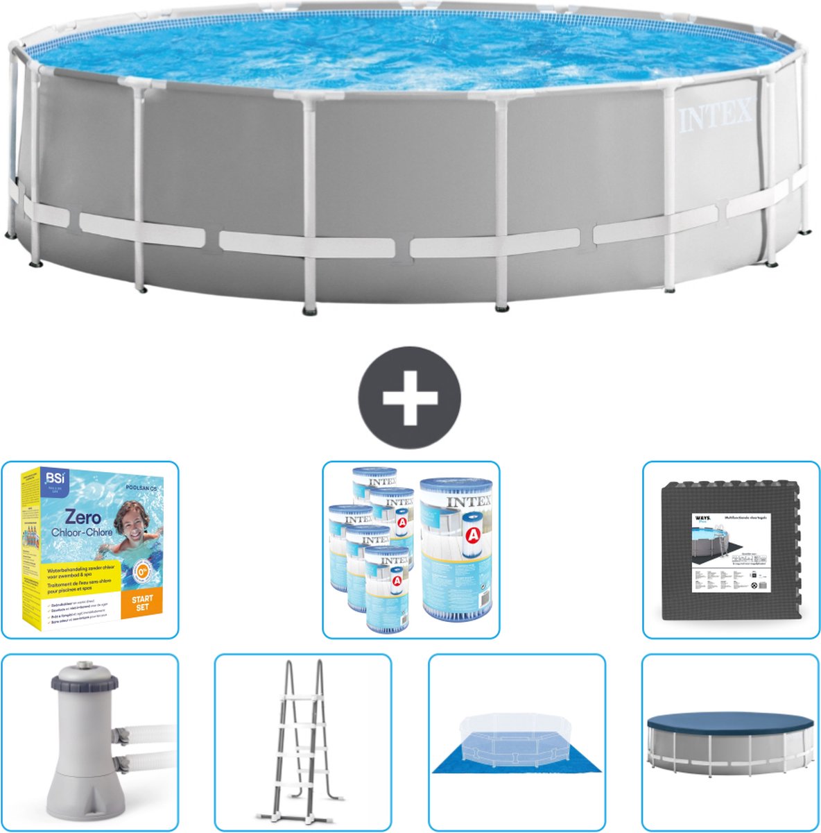 Intex Rond Prism Frame Zwembad - 457 x 122 cm - Grijs - Inclusief Pomp - Ladder - Grondzeil - Afdekzeil Onderhoudspakket - Filters - Vloertegels