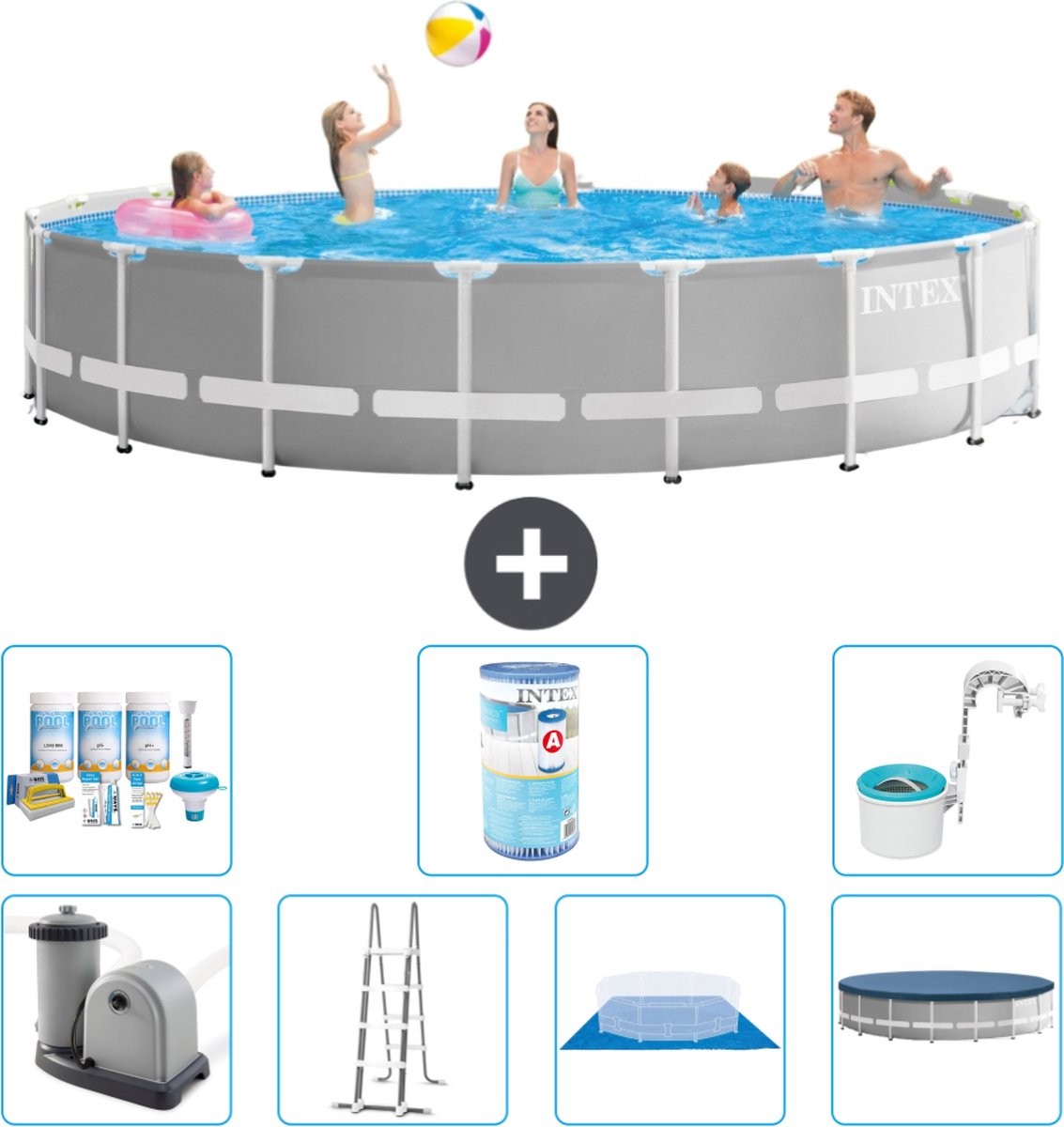 Intex Rond Prism Frame Zwembad - 548 x 122 cm - Grijs - Inclusief Pomp - Ladder - Grondzeil - Afdekzeil Onderhoudspakket - Filter - Skimmer