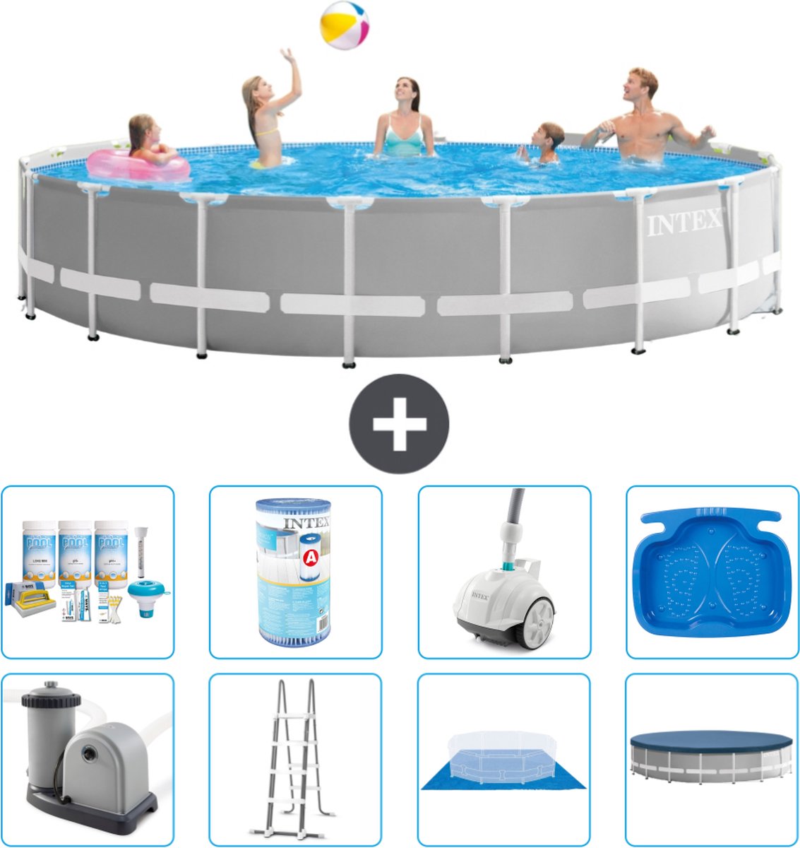Intex Rond Prism Frame Zwembad - 548 x 122 cm - Grijs - Inclusief Pomp - Ladder - Grondzeil - Afdekzeil Onderhoudspakket - Filter - Stofzuiger - Voetenbad