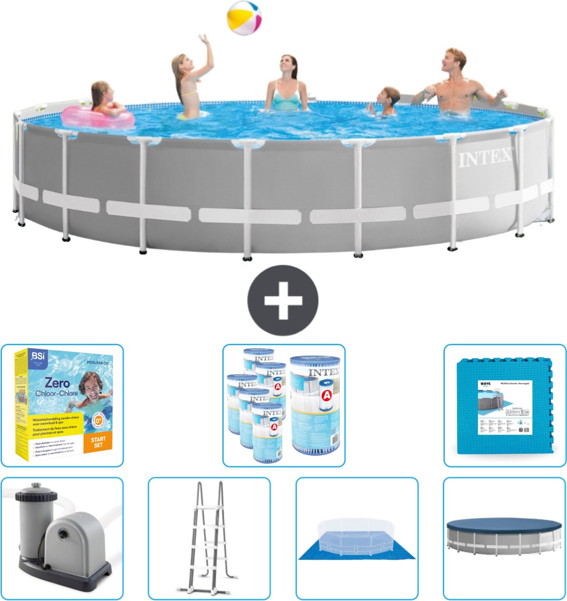 Intex Rond Prism Frame Zwembad - 548 x 122 cm - Grijs - Inclusief Pomp - Ladder - Grondzeil - Afdekzeil Onderhoudspakket - Filters - Vloertegels