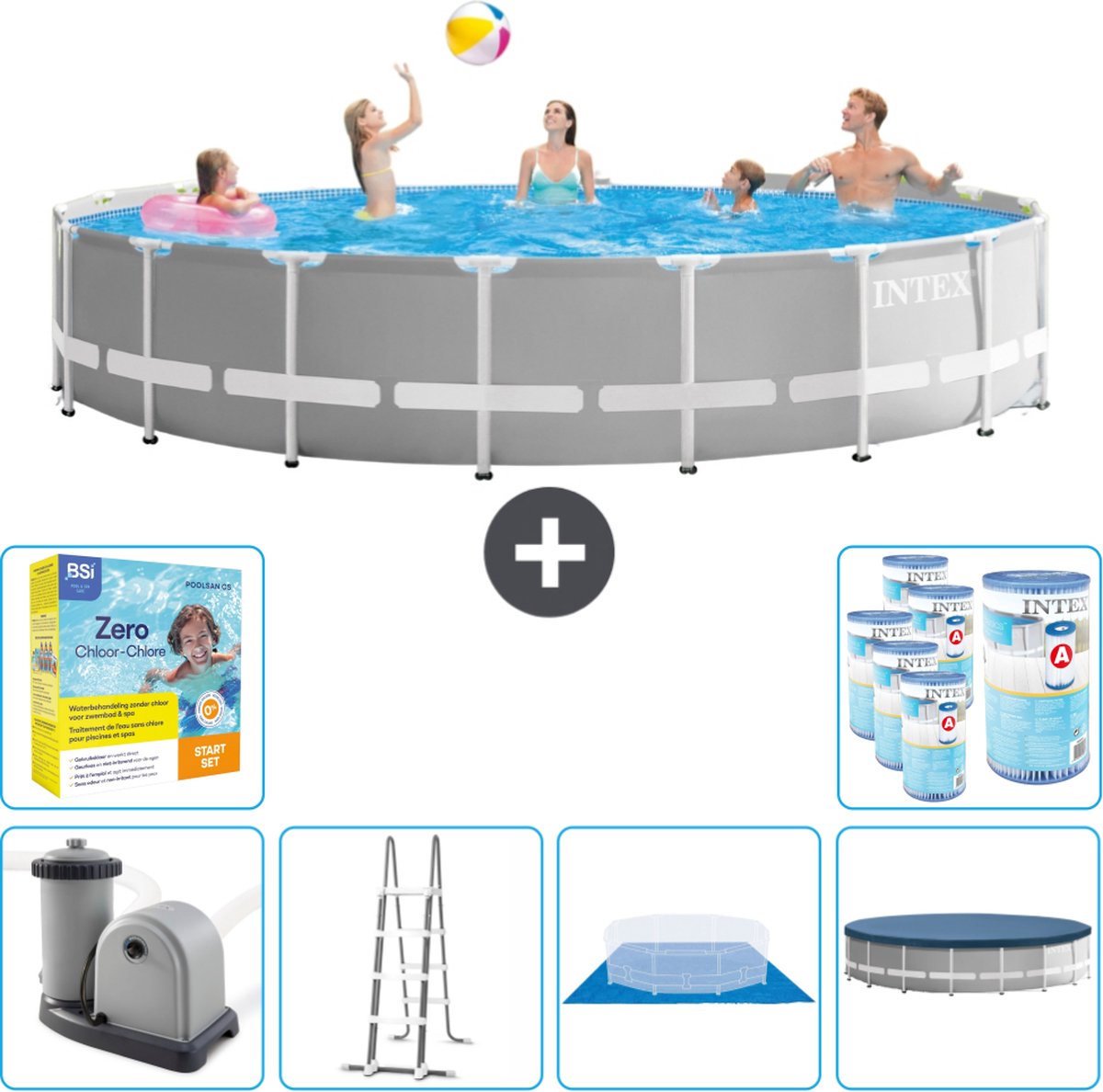 Intex Rond Prism Frame Zwembad - 548 x 122 cm - Grijs - Inclusief Pomp - Ladder - Grondzeil - Afdekzeil Onderhoudspakket - Filters