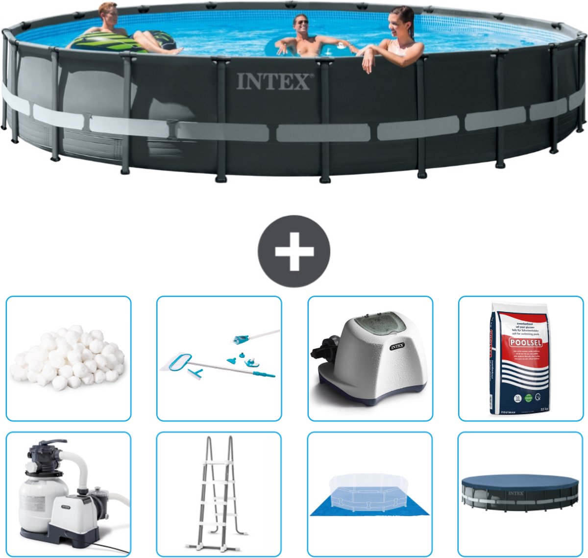 Intex Rond Ultra XTR Frame Zwembad - 610 x 122 cm - Inclusief Pomp - Ladder - Grondzeil - Afdekzeil Filterbollen - Schoonmaakset - Zoutwatersysteem - Zwembadzout
