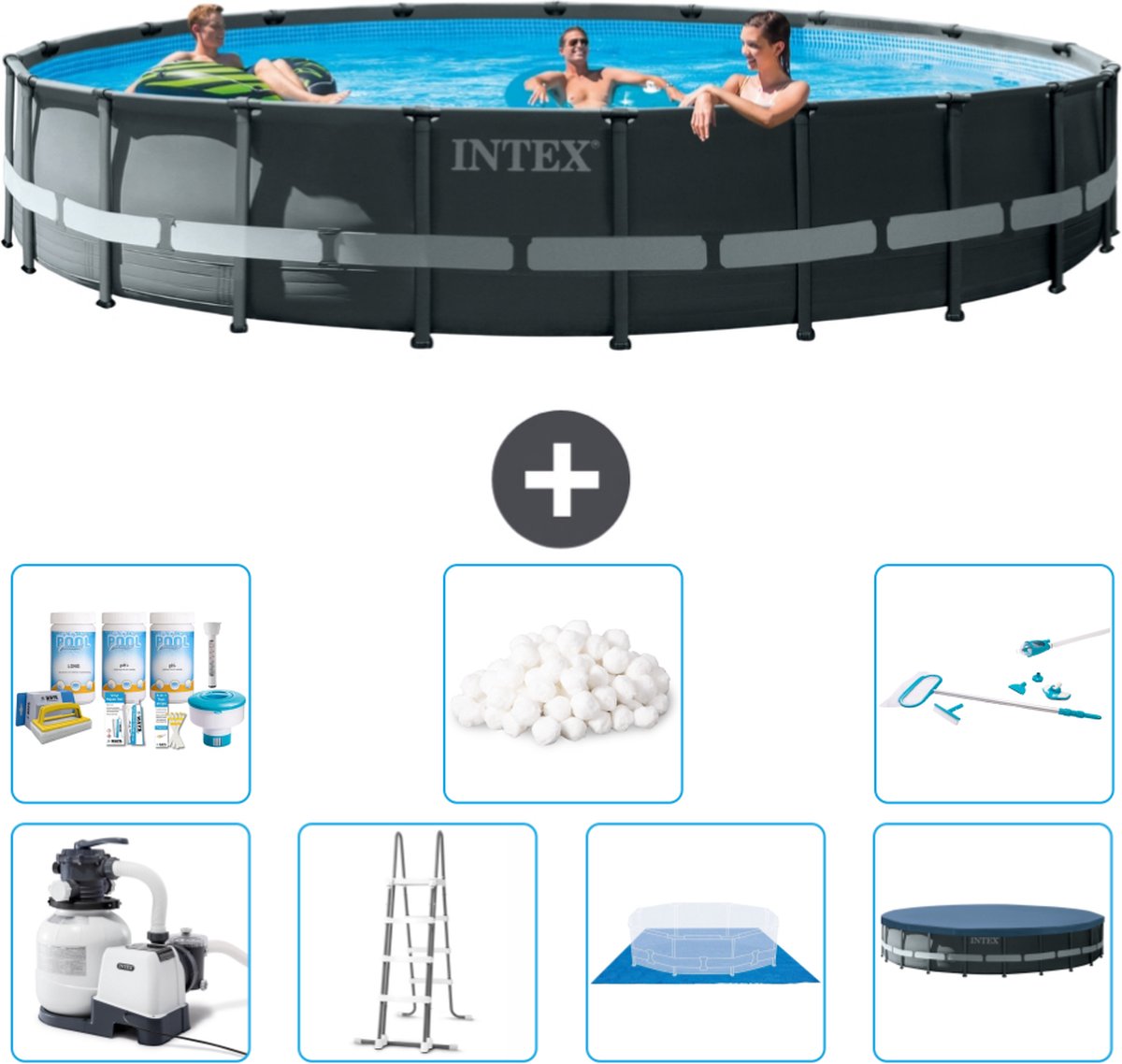 Intex Rond Ultra XTR Frame Zwembad - 610 x 122 cm - Inclusief Pomp - Ladder - Grondzeil - Afdekzeil Onderhoudspakket - Filterbollen - Schoonmaakset