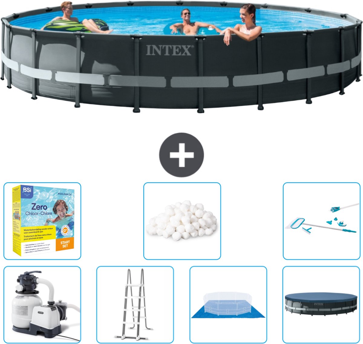 Intex Rond Ultra XTR Frame Zwembad - 610 x 122 cm - Inclusief Pomp - Ladder - Grondzeil - Afdekzeil Onderhoudspakket - Filterbollen - Schoonmaakset