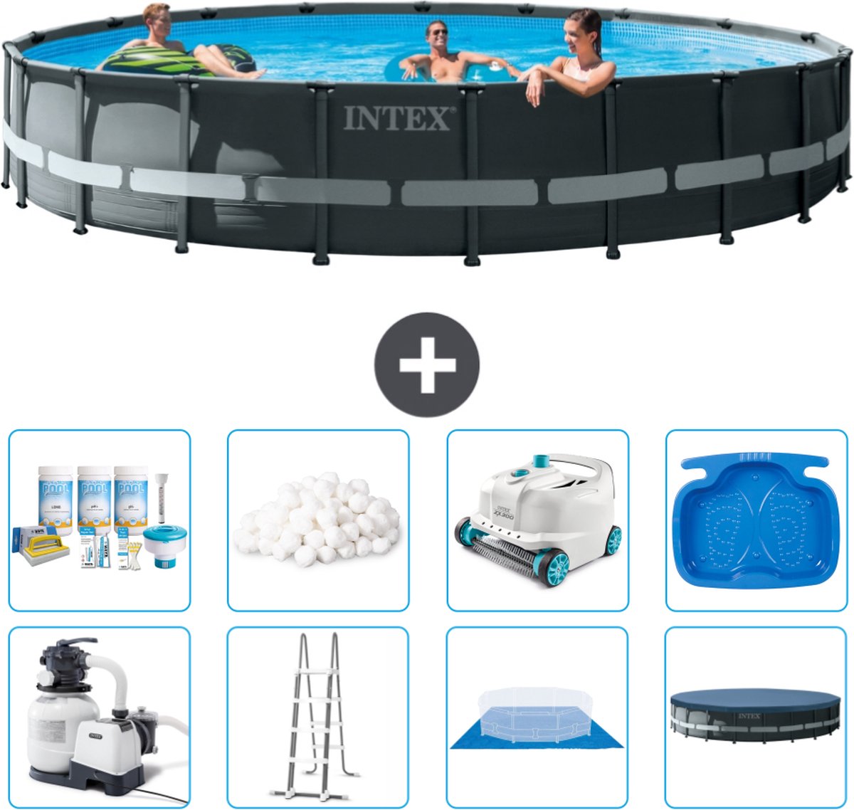 Intex Rond Ultra XTR Frame Zwembad - 610 x 122 cm - Inclusief Pomp - Ladder - Grondzeil - Afdekzeil Onderhoudspakket - Filterbollen - Stofzuiger - Voetenbad