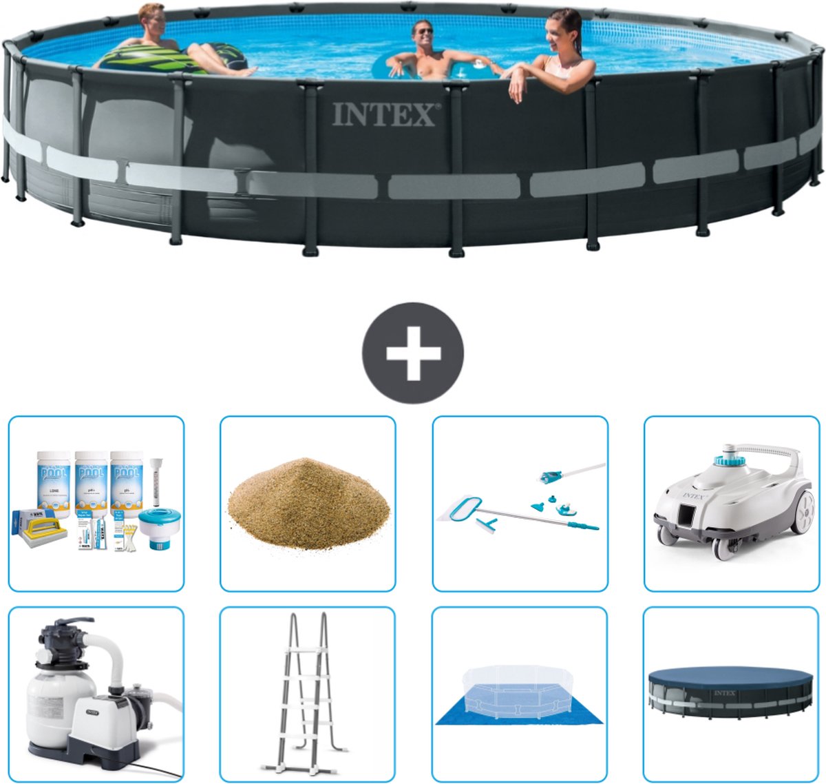 Intex Rond Ultra XTR Frame Zwembad - 610 x 122 cm - Inclusief Pomp - Ladder - Grondzeil - Afdekzeil Onderhoudspakket - Filterzand - Schoonmaakset - Stofzuiger