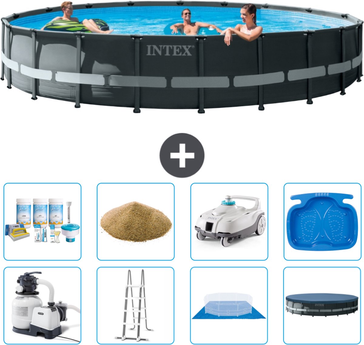 Intex Rond Ultra XTR Frame Zwembad - 610 x 122 cm - Inclusief Pomp - Ladder - Grondzeil - Afdekzeil Onderhoudspakket - Filterzand - Stofzuiger - Voetenbad