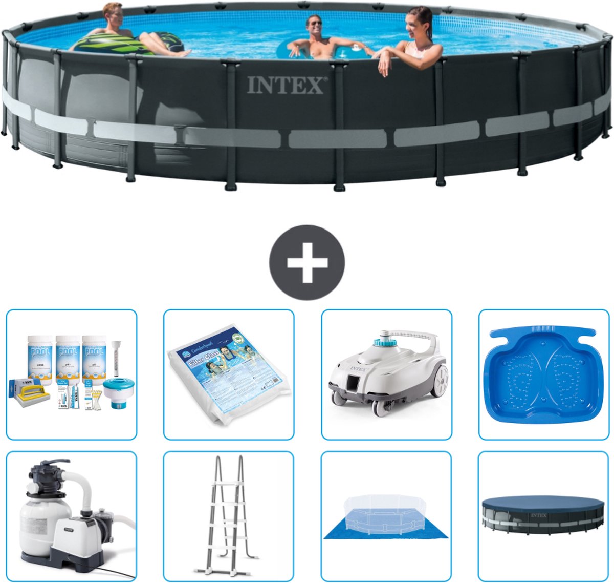 Intex Rond Ultra XTR Frame Zwembad - 610 x 122 cm - Inclusief Pomp - Ladder - Grondzeil - Afdekzeil Onderhoudspakket - Glasparels - Stofzuiger - Voetenbad