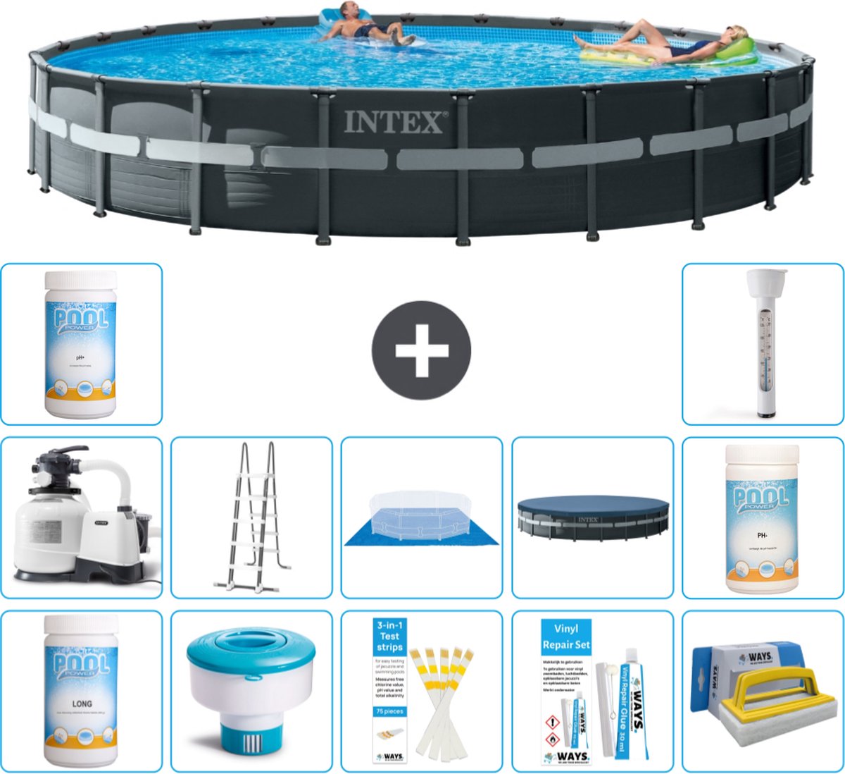 Intex Rond Ultra XTR Frame Zwembad - 732 x 132 cm - Inclusief Pomp - Ladder - Grondzeil - Afdekzeil Chloor - Chloordrijver - Testrips - Reparatiesetje - Scrubborstel - PH-waarde - PH-waarde - Thermometer