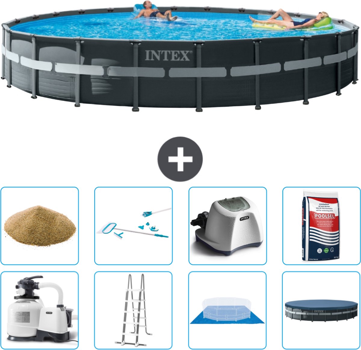 Intex Rond Ultra XTR Frame Zwembad - 732 x 132 cm - Inclusief Pomp - Ladder - Grondzeil - Afdekzeil Filterzand - Schoonmaakset - Zoutwatersysteem - Zwembadzout