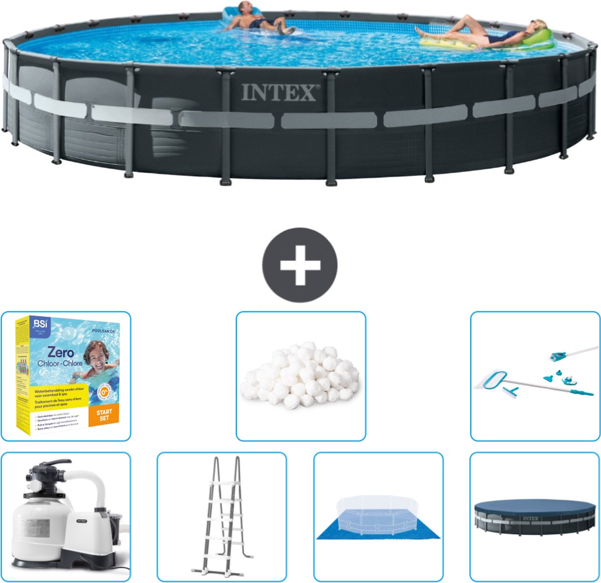 Intex Rond Ultra XTR Frame Zwembad - 732 x 132 cm - Inclusief Pomp - Ladder - Grondzeil - Afdekzeil Onderhoudspakket - Filterbollen - Schoonmaakset