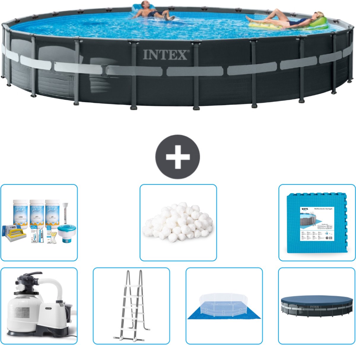 Intex Rond Ultra XTR Frame Zwembad - 732 x 132 cm - Inclusief Pomp - Ladder - Grondzeil - Afdekzeil Onderhoudspakket - Filterbollen - Vloertegels