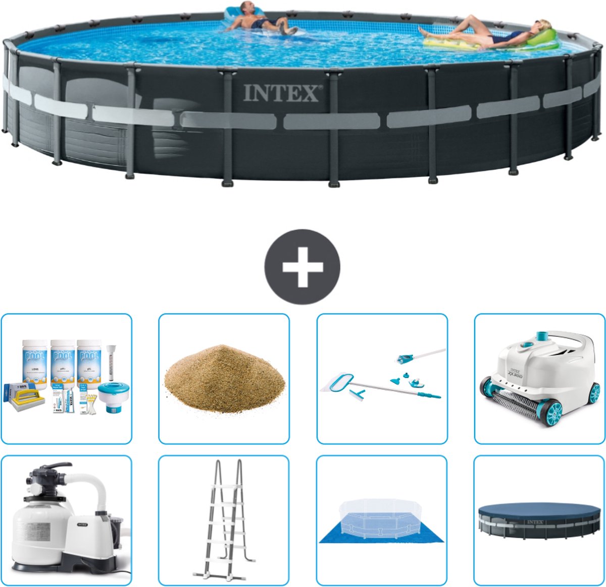 Intex Rond Ultra XTR Frame Zwembad - 732 x 132 cm - Inclusief Pomp - Ladder - Grondzeil - Afdekzeil Onderhoudspakket - Filterzand - Schoonmaakset - Stofzuiger