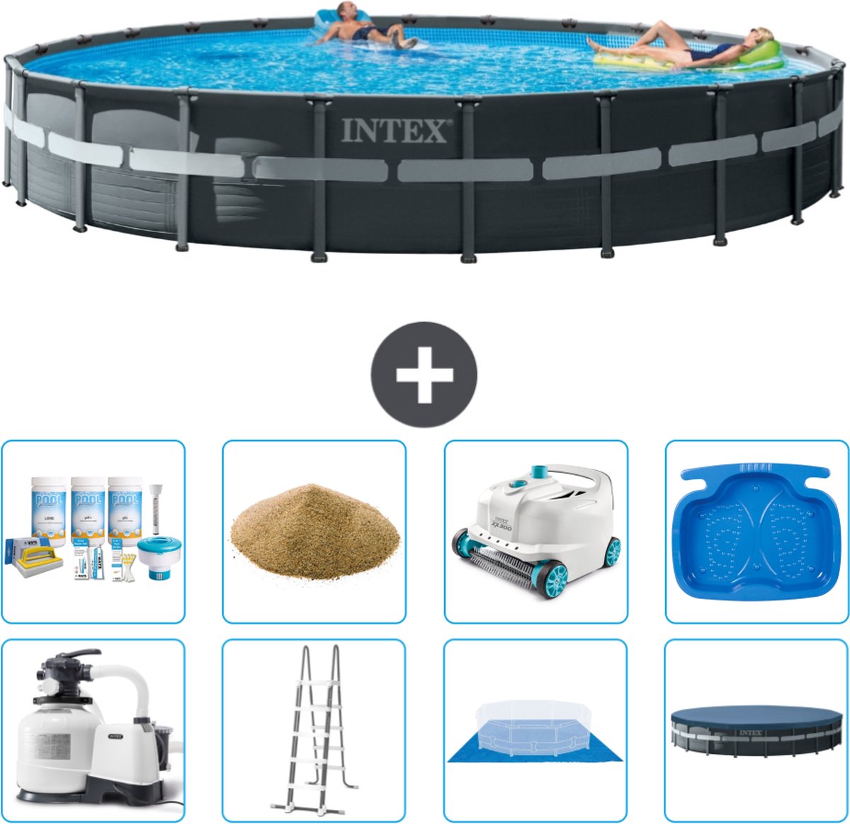 Intex Rond Ultra XTR Frame Zwembad - 732 x 132 cm - Inclusief Pomp - Ladder - Grondzeil - Afdekzeil Onderhoudspakket - Filterzand - Stofzuiger - Voetenbad