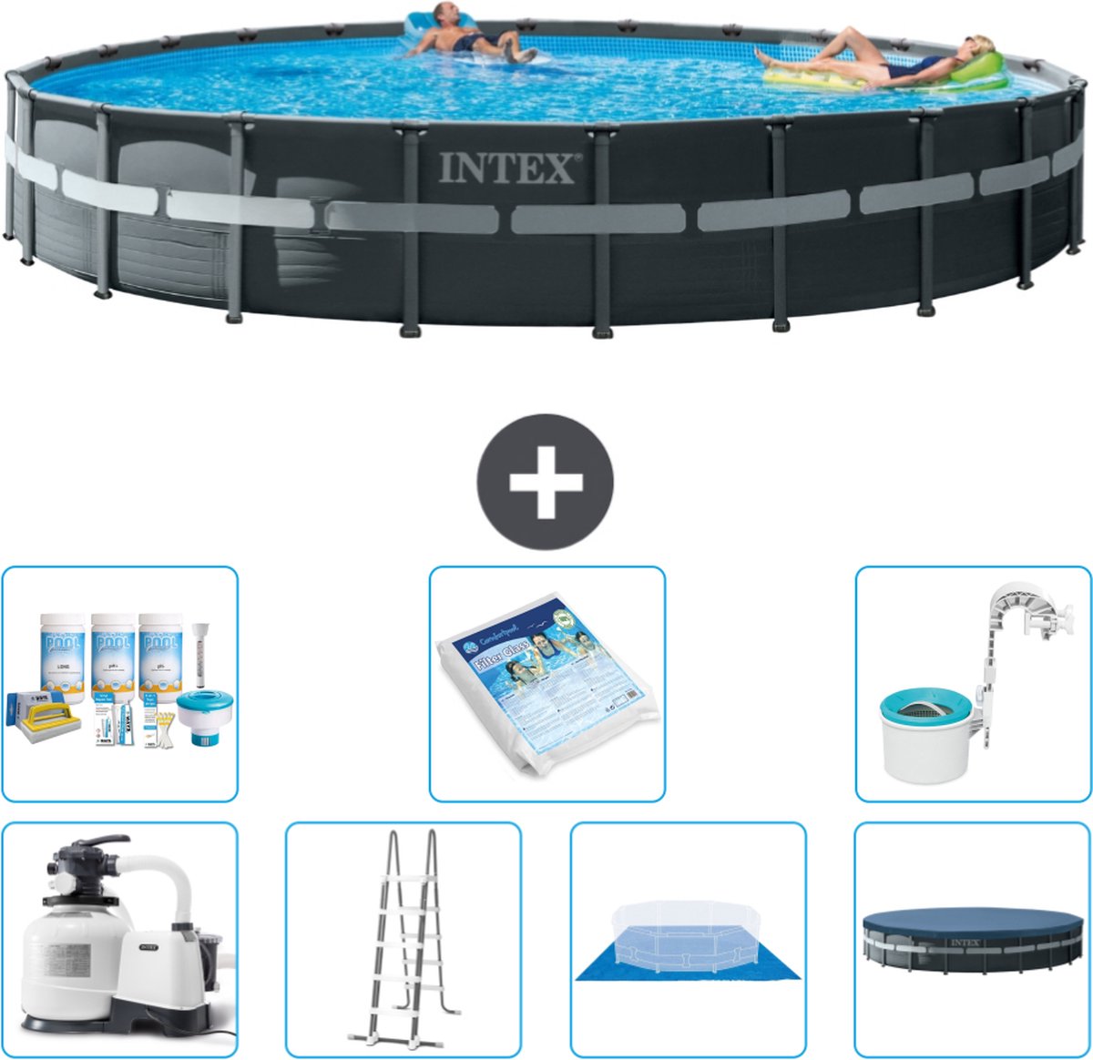Intex Rond Ultra XTR Frame Zwembad - 732 x 132 cm - Inclusief Pomp - Ladder - Grondzeil - Afdekzeil Onderhoudspakket - Glasparels - Skimmer