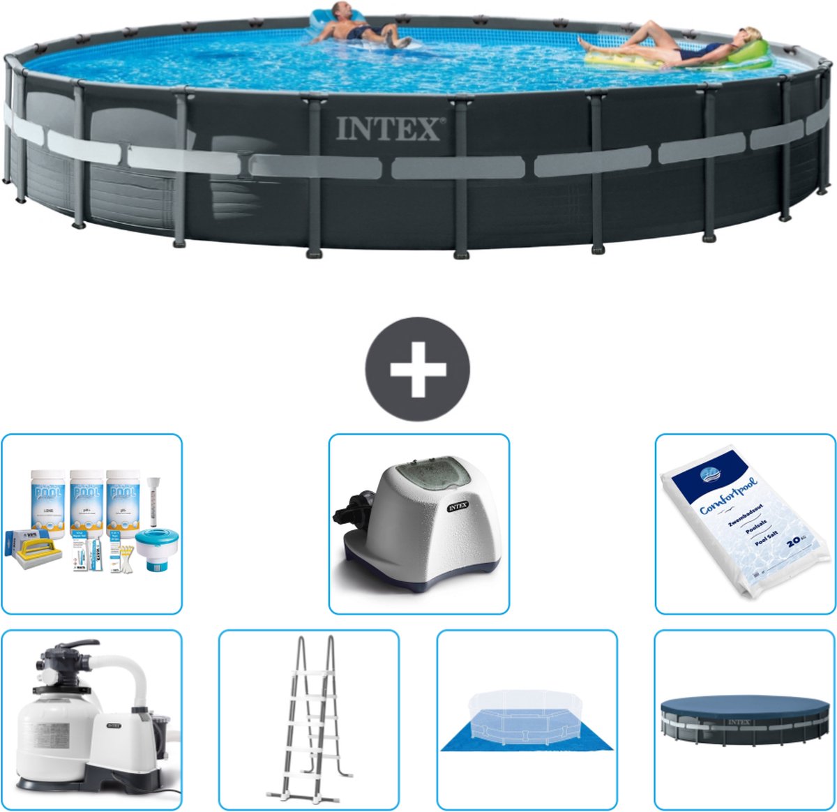 Intex Rond Ultra XTR Frame Zwembad - 732 x 132 cm - Inclusief Pomp - Ladder - Grondzeil - Afdekzeil Onderhoudspakket - Zoutwatersysteem - Zwembadzout