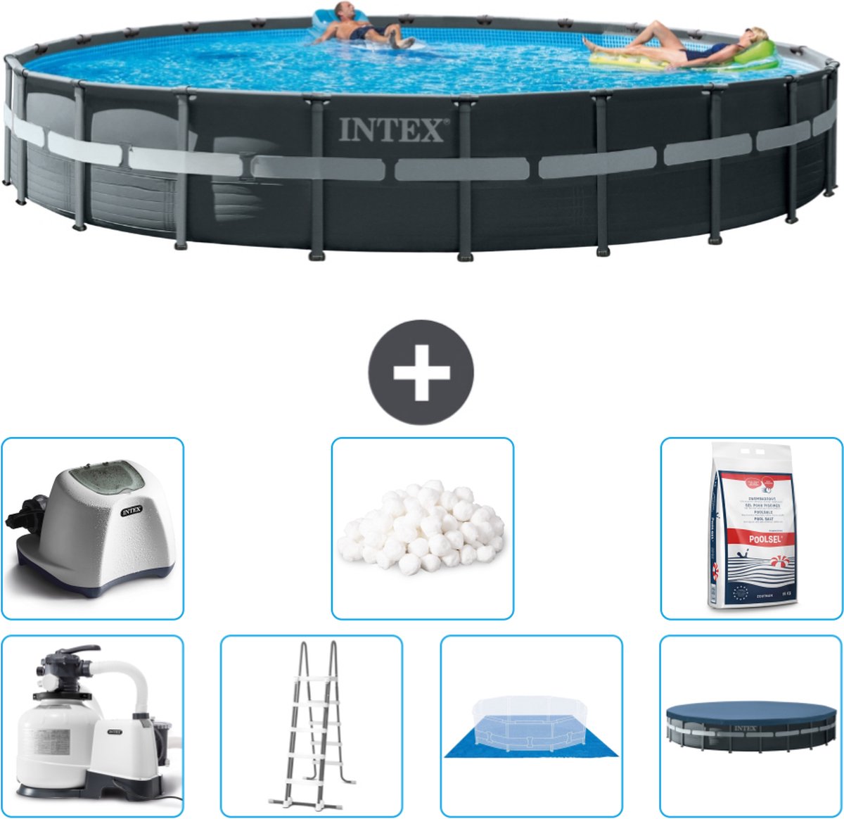 Intex Rond Ultra XTR Frame Zwembad - 732 x 132 cm - Inclusief Pomp - Ladder - Grondzeil - Afdekzeil Zoutwatersysteem - Filterbollen - Zwembadzout
