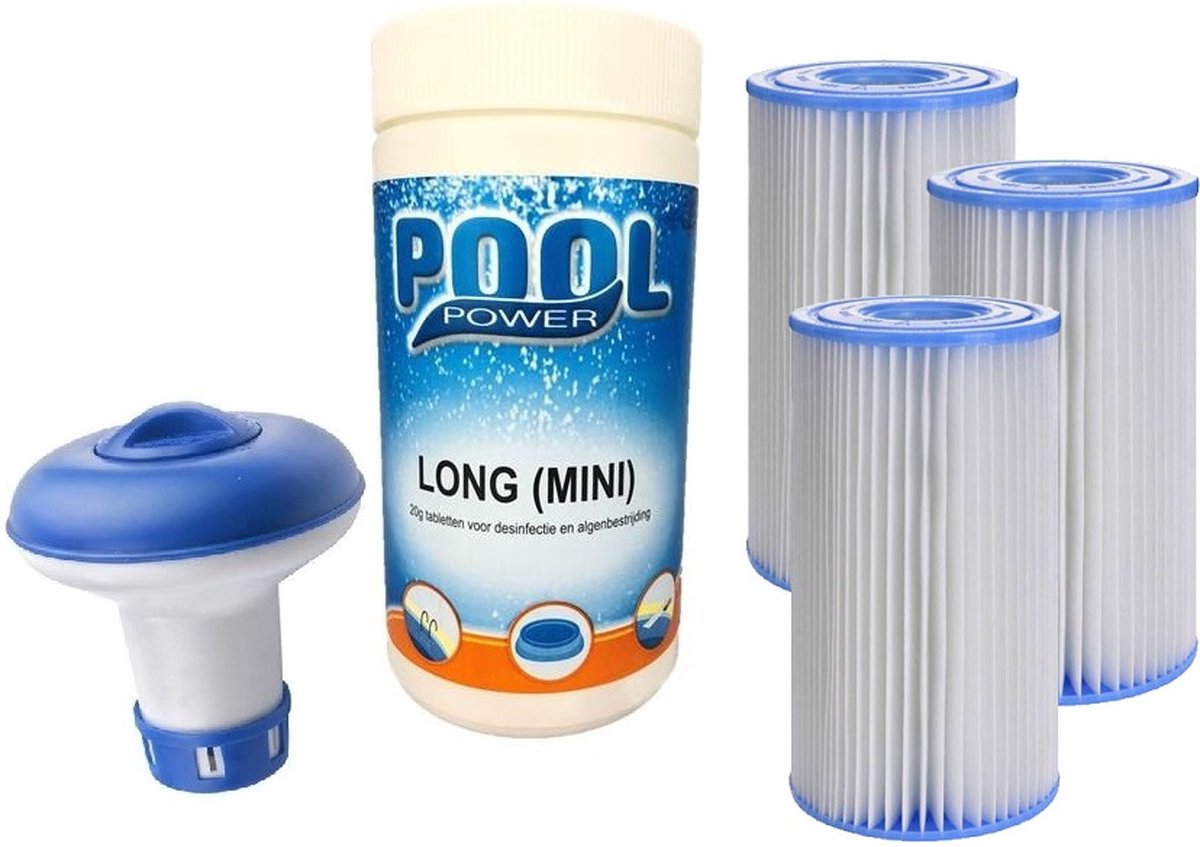 3x   A filter cartridge set met 1kg chloortabletten en chloordrijver pakket