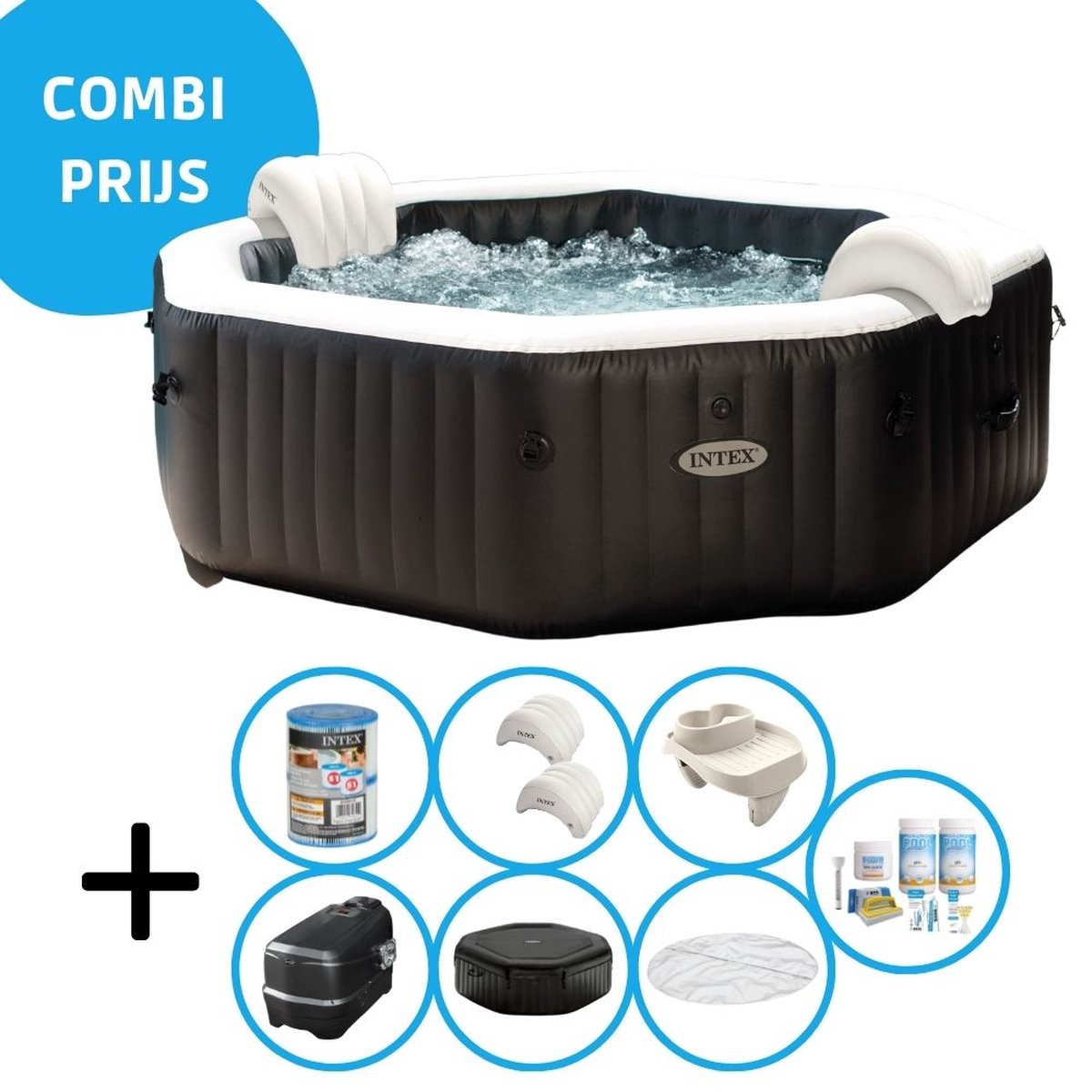   - Jet & Bubble Deluxe - Jacuzzi - 218 x 71 cm - Zwart - Inclusief onderhoudspakket en bekerhouder