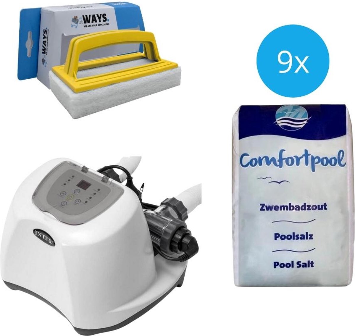 Intex - Zoutwatersysteem 26670GS & Zwembadzout 180 kg & WAYS Scrubborstel