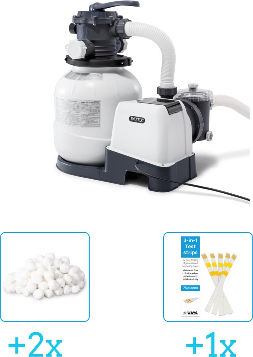 Intex 26646GS Zandfilterpomp - SX2100 - 6000 liter per uur inclusief Intex Filterbollen - Geschikt voor zandfilterpomp - 29045 (2 stuks) & WAYS Testrips (1 stuks)