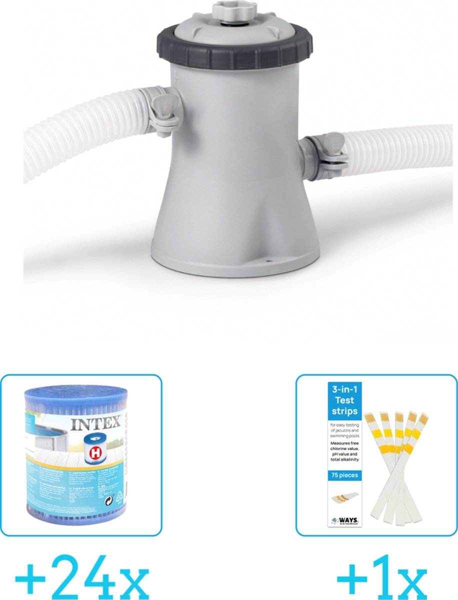 Intex 28602GS Filterpomp - 1.250 liter per uur inclusief Intex Filter Cardridge - Type H (24 stuks) & WAYS Testrips (1 stuks)