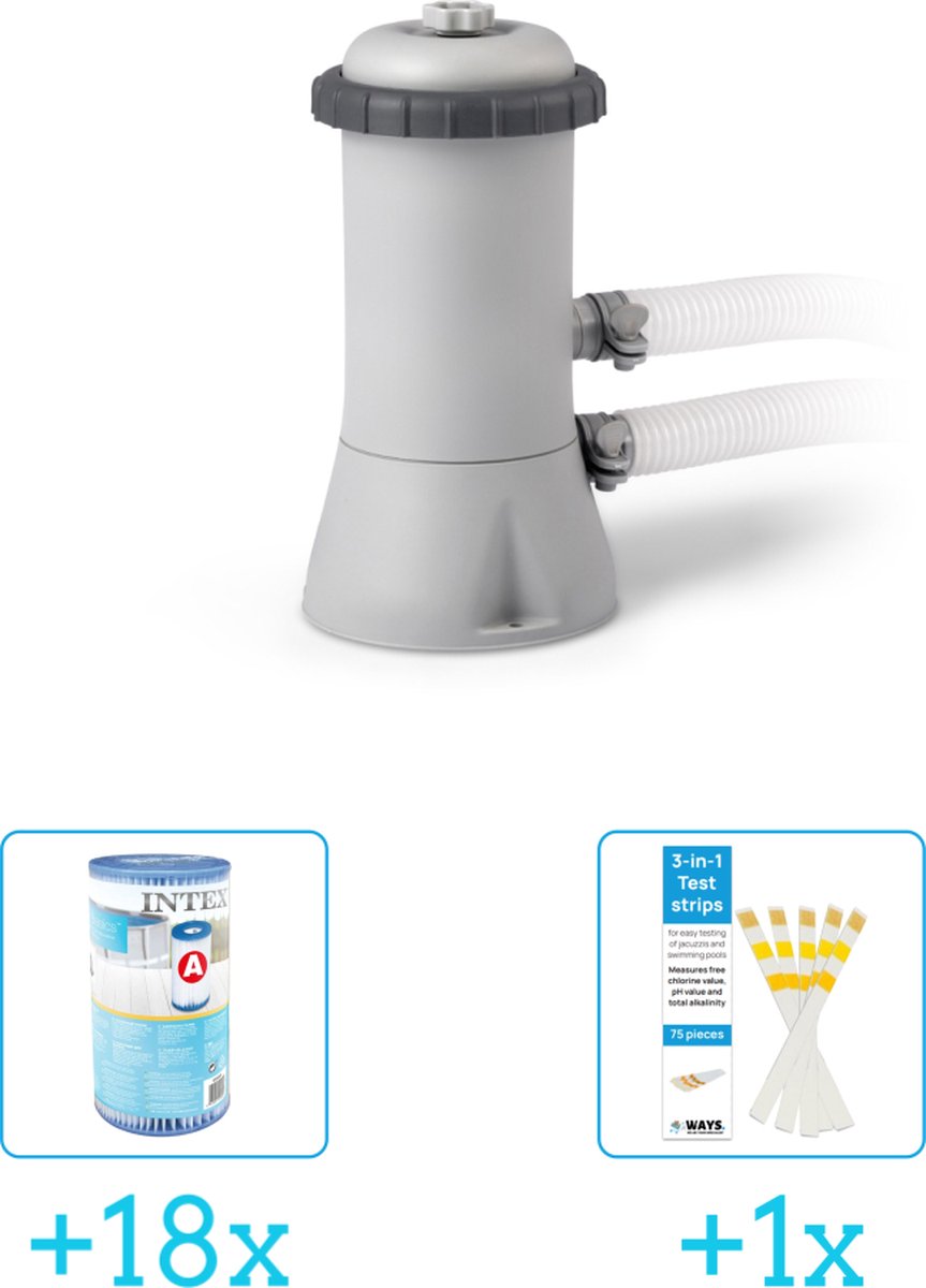 Intex 28604GS Filterpomp - 2.271 liter per uur inclusief Intex Filter Cardridge - Type A (18 stuks) & WAYS Testrips (1 stuks)