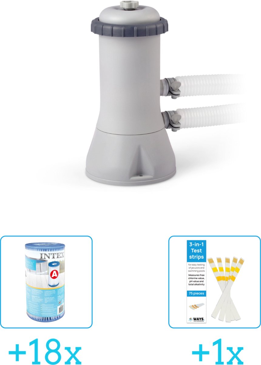 Intex 28638GS Filterpomp - 3.407 liter per uur inclusief Intex Filter Cardridge - Type A (18 stuks) & WAYS Testrips (1 stuks)