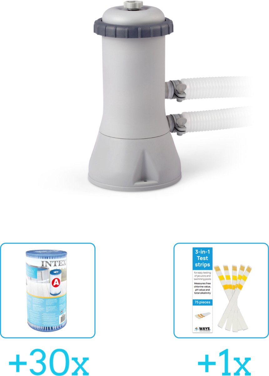 Intex 28638GS Filterpomp - 3.407 liter per uur inclusief Intex Filter Cardridge - Type A (30 stuks) & WAYS Testrips (1 stuks)
