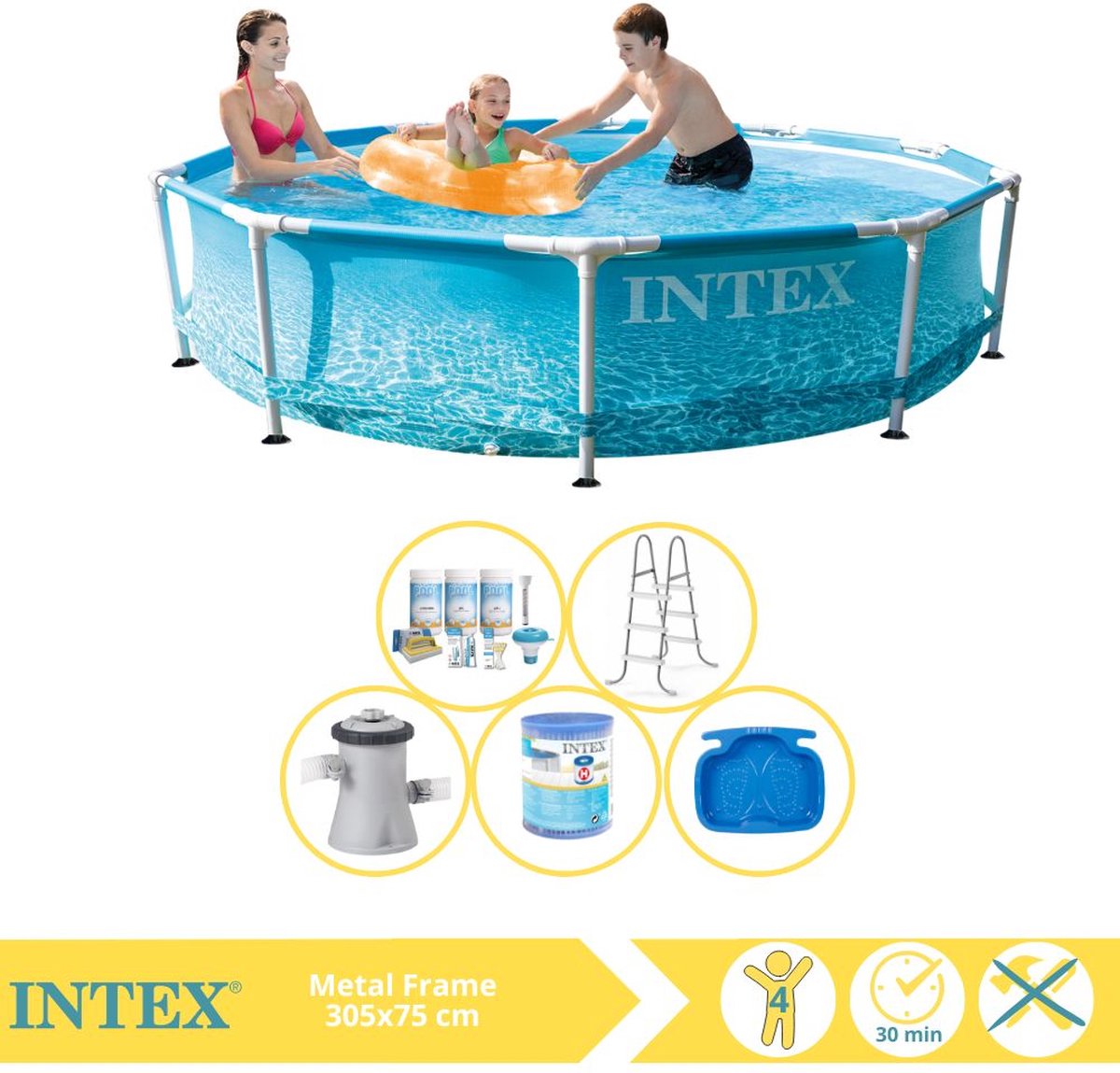   Beachside Metal Frame Zwembad - Opzetzwembad - 305x76 cm - Inclusief Onderhoudspakket, Filter, Trap en Voetenbad